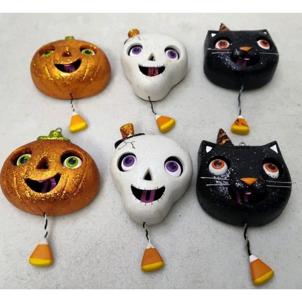 Hallmark Halloween Pull Me Tongue Ornament 2 Cat* 2 Skull* 2 Pumpkin LOT Of 6